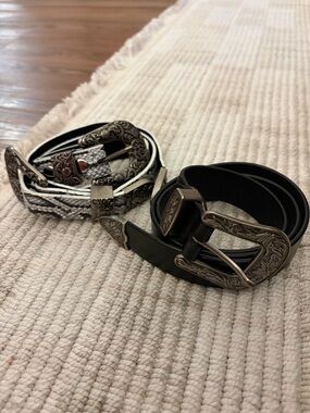 Western-Style Black and Snake Leather Belts with Engraved Buckles